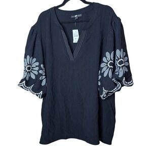 NEW Ashley Stewart Black Embroidered Puff Sleeve V Neck Top Plus Size 26/28W
